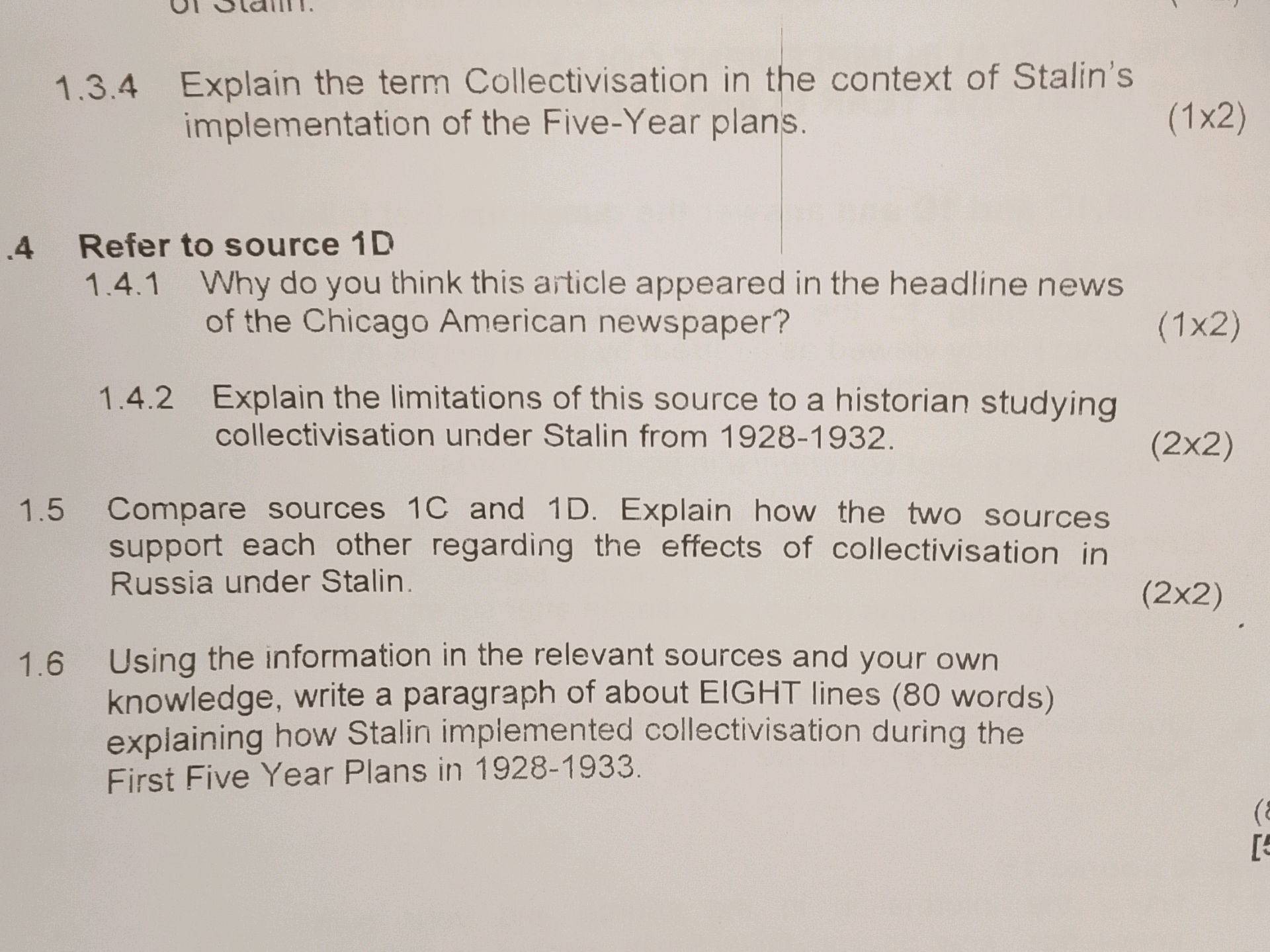 1.3.4 Explain the term Collectivisation in | StudyX