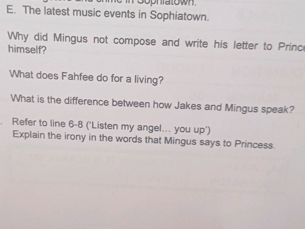 Fahfee Examples E. The latest music events in Sophiatown. | StudyX