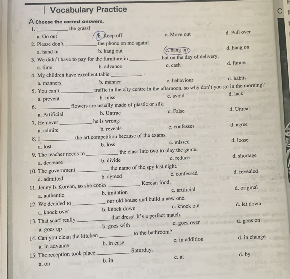 Vocabulary Practice A Choose the correct | StudyX