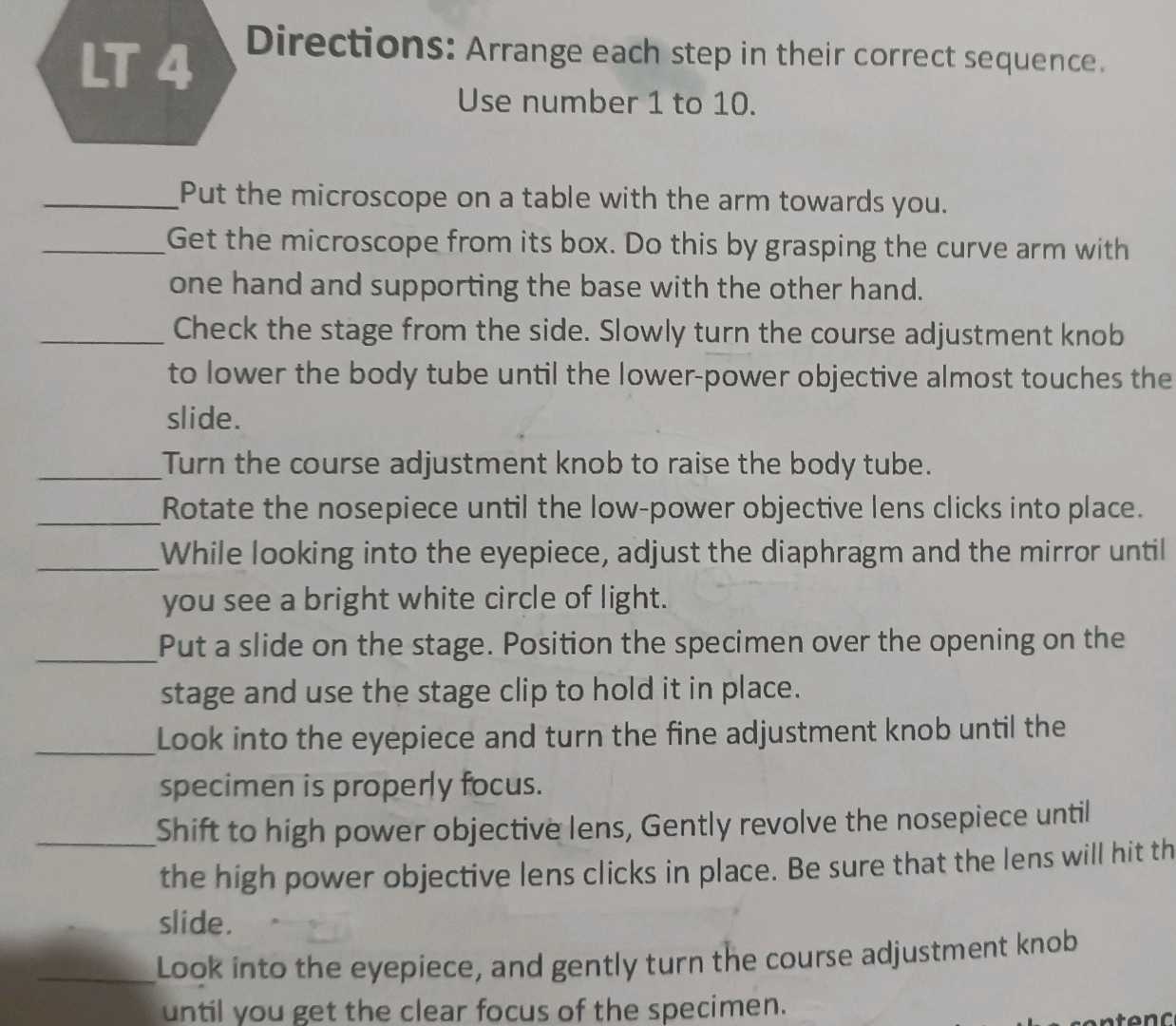 LT 4 Directions Arrange each step in their | StudyX
