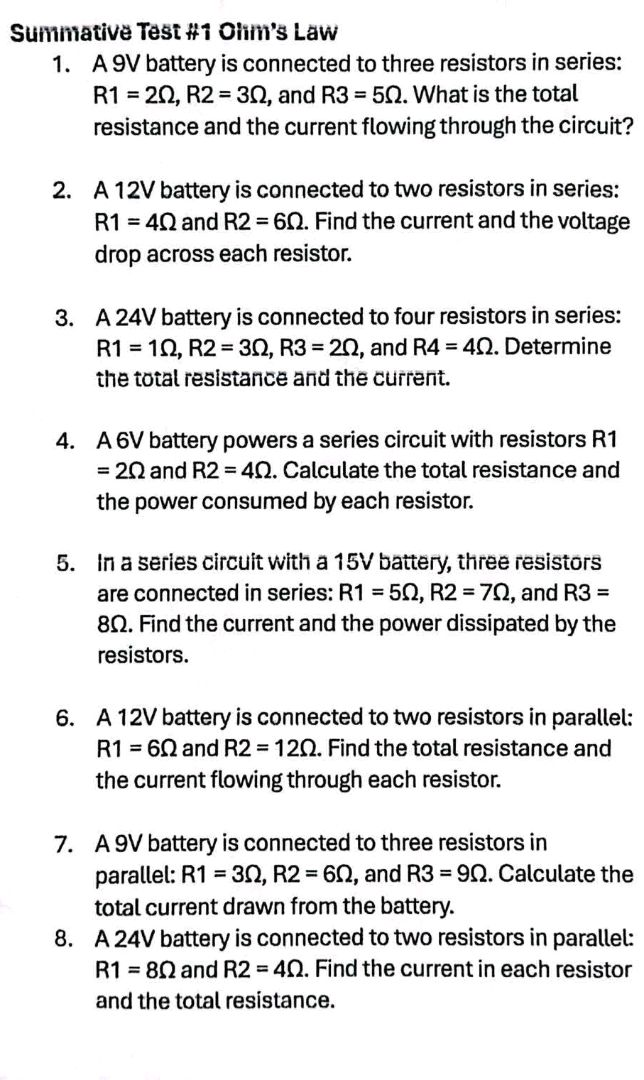 Picture of Summative Test 1 Ohims Law 1 A 9 V battery | StudyX