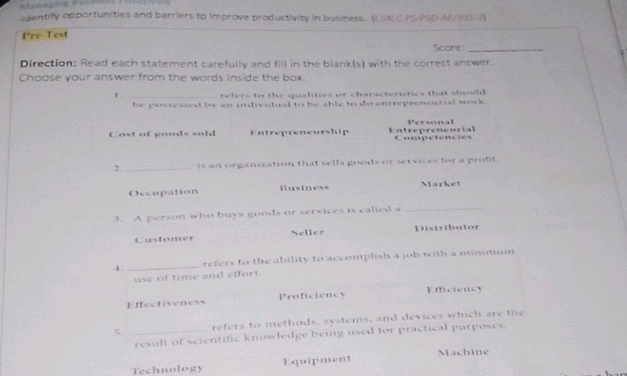 PreTest Score Direction Read each statement | StudyX