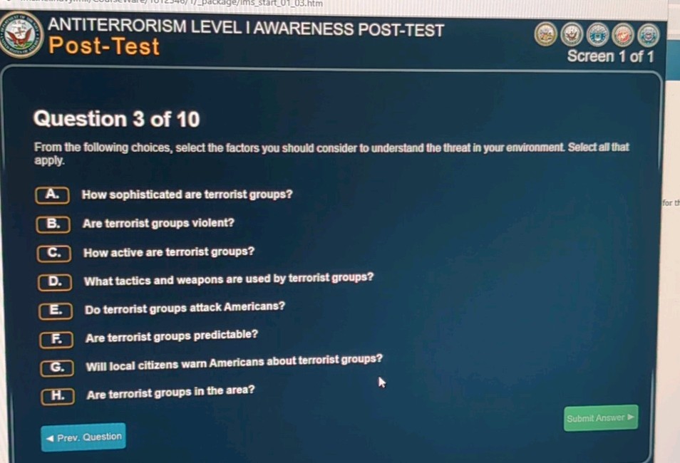 ANTITERRORISM LEVEL I AWARENESS POST-TEST