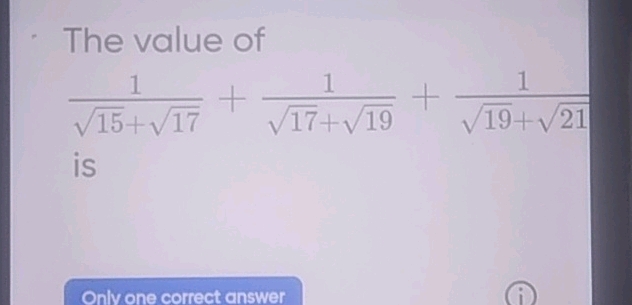 The value of 1 15+ 17+ 1 17+ 19+ 1 19+ 21 is